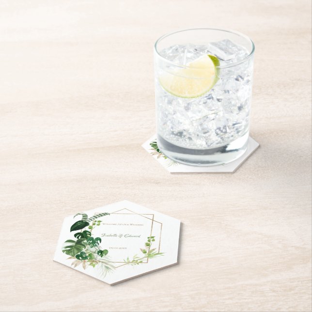 Dessous-de-verre En Papier Aquarelle Tropical Vert & Or Feuilles Palm (En situation)