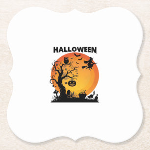 Dessous-de-verre En Papier Arbre effrayant Halloween Sorcière volante Lune or