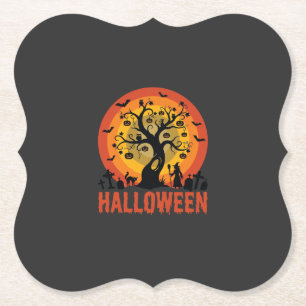 Dessous-de-verre En Papier Arbre ensorcelé Halloween Sorcière et chats noirs