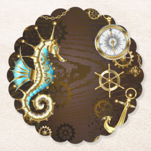 Dessous-de-verre En Papier Arrière - plan en bois avec cheval de mer mécaniqu