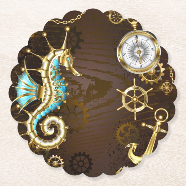 Dessous-de-verre En Papier Arrière - plan en bois avec cheval de mer mécaniqu (Devant)