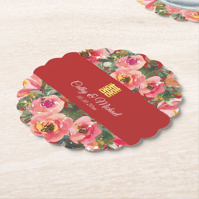 Dessous-de-verre En Papier Arrière - plan rose double bonheur symbole (Incliné)