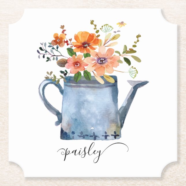 Dessous-de-verre En Papier Arrosoir Fleurs Aquarelle Orange Bohème Rouillé (Devant)