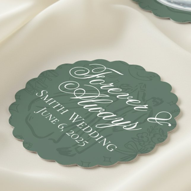 Dessous-de-verre En Papier Art Mariage Dessin à main verte classique (Celebrate your special day with these classic sage green wedding favor coasters!)