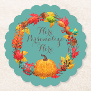 Dessous-de-verre En Papier Automne citrouille automne feuille wreath turquois