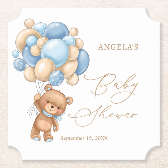 Dessous-de-verre En Papier Baby shower Ballons Bleus Ours Teddy (Devant)