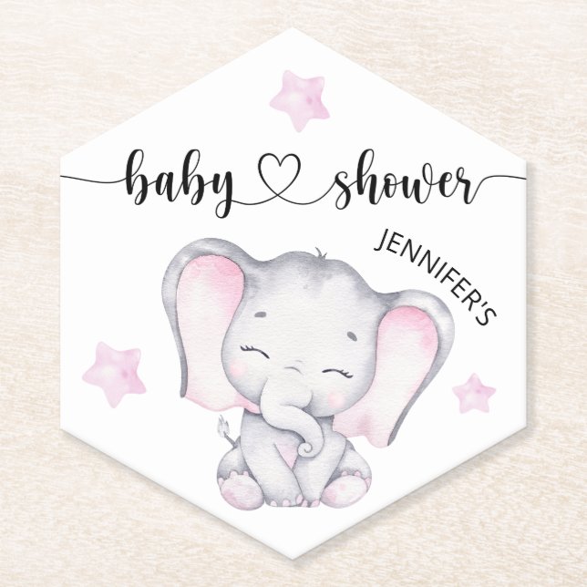 Dessous-de-verre En Papier Baby shower d'aquarelle rose éléphant (Devant)