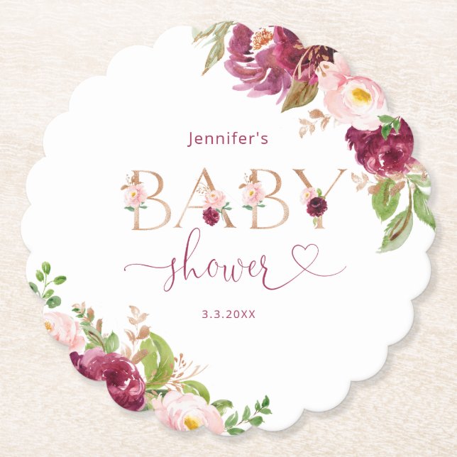 Dessous-de-verre En Papier Baby shower de feuille d'or floral burgundy d'auto (Devant)