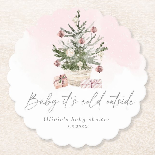 Dessous-de-verre En Papier Baby shower de Noël rose hiver (Devant)