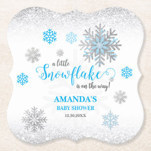 Dessous-de-verre En Papier Baby Shower Hiver Flocon de Neige Pailleté Bleu Ar