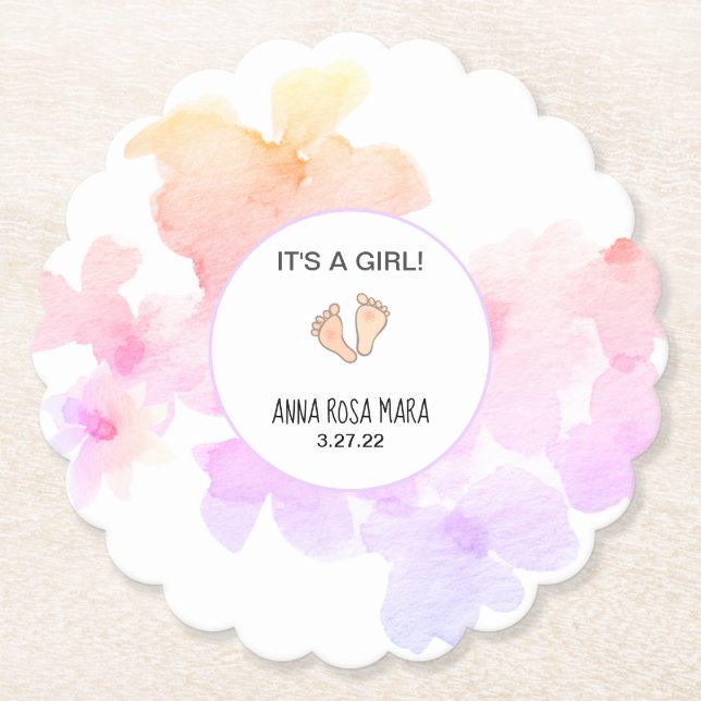 Dessous-de-verre En Papier *~* Baby shower Peach Rose Floral Aquarelle douce (Devant)