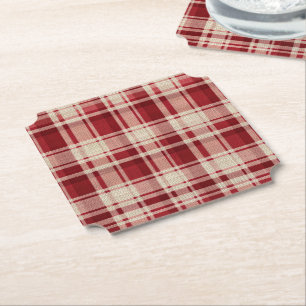 Dessous-de-verre En Papier Bandes Plaid Crème Rouge