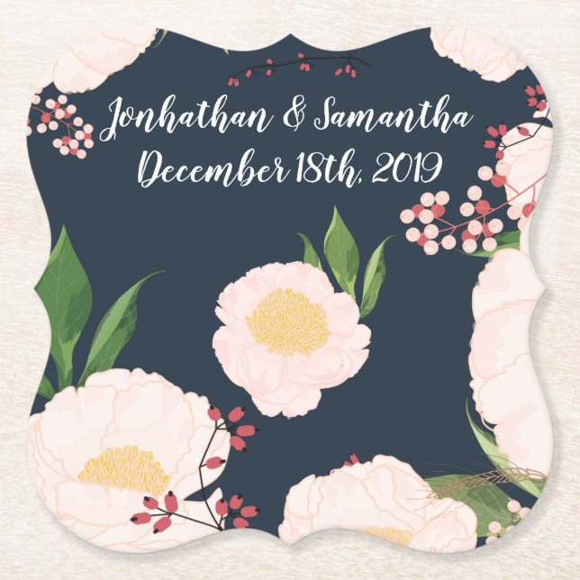 Dessous-de-verre En Papier Barres de boisson Fleurs florales blanches géométr (Devant)