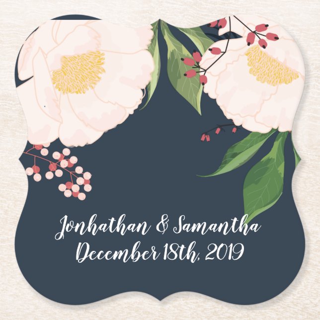 Dessous-de-verre En Papier Barres de boisson Fleurs florales blanches sur ble (Devant)