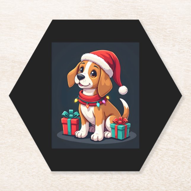 Dessous-de-verre En Papier Beagle Xmas Éclairage Père Noël Beagle Chien Noël  (Devant)