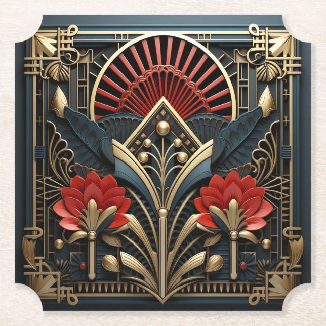 Dessous-de-verre En Papier Beau Art Déco Rouge Or Noir Élégant (Devant)
