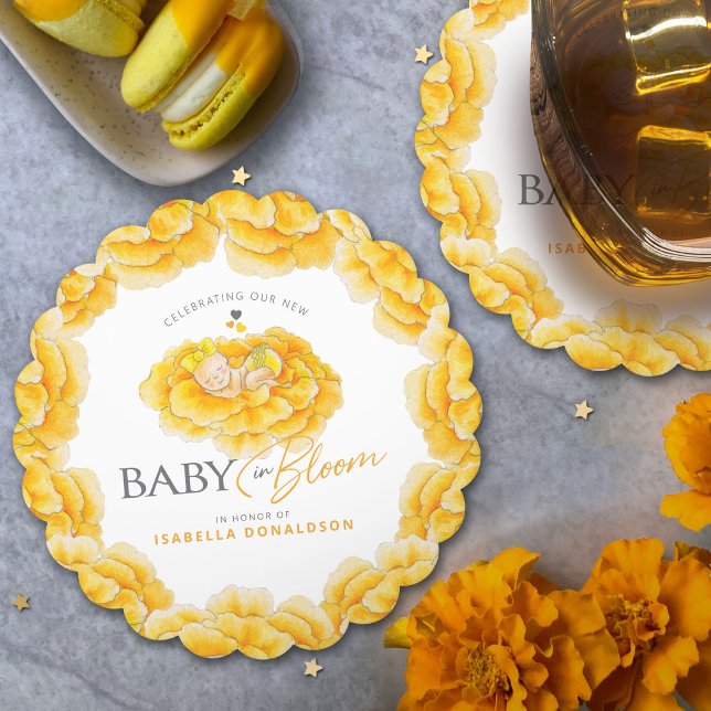 Dessous-de-verre En Papier Bébé en Fleur whimsy baby shower jaune aquarelle (Créateur téléchargé)