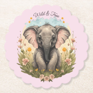 Dessous-de-verre En Papier Bébé mignon Eléphant Calf Fleur sauvage Wanderlust
