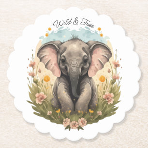 Dessous-de-verre En Papier Bébé mignon Eléphant Calf Fleur sauvage Wanderlust