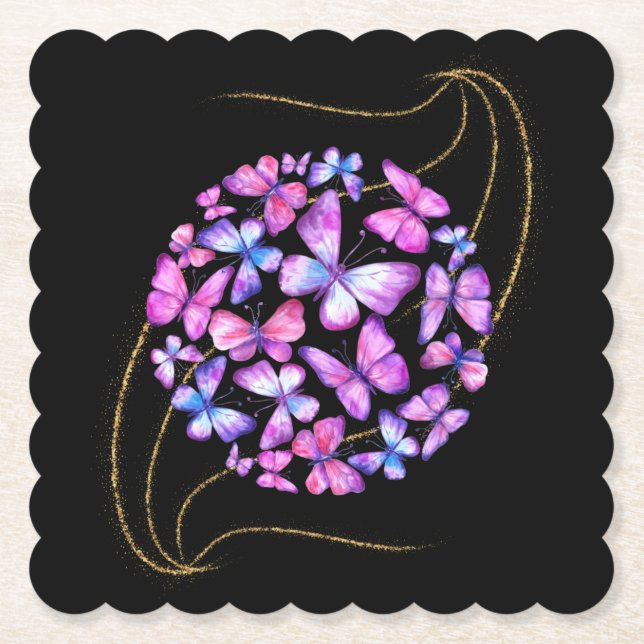 Dessous-de-verre En Papier Belle Aquarelle Papillons avec Boule d'Or (Devant)