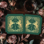 Dessous-de-verre En Papier Billet Mariage d'épée médiévale Green Royal Lion<br><div class="desc">Ajoutez du charme royal à votre paysage de table ! Ces dessous de verre de mariage personnalisés sont dotés d'un lion majestueux et d'un design floral avec vos noms et monogramme, le tout en or luxueux contre un arrière - plan vert. Parfait pour une fête d'imaginaire médiévale avec une élégance...</div>