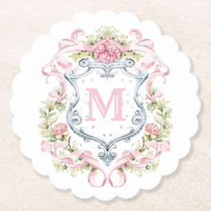 Dessous-de-verre En Papier Blason Floral Grandmillennial Monogramme   Mariage