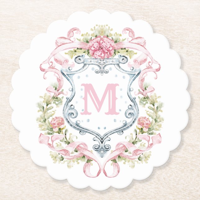 Dessous-de-verre En Papier Blason Floral Grandmillennial Monogramme | Mariage (Devant)