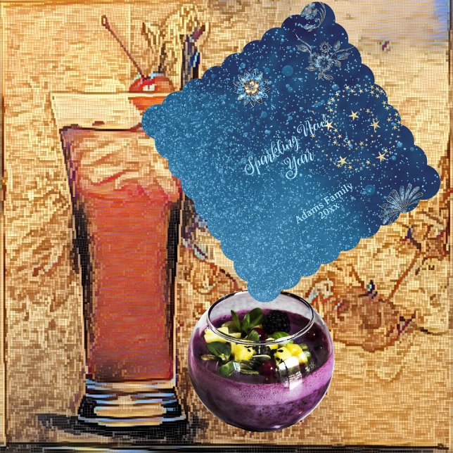 Dessous-de-verre En Papier Bleu étincelant Nouvel An Parties scintillant Étoi (Blue Sparkling New Year Glitter Stars Floral Party Paper Coaster)