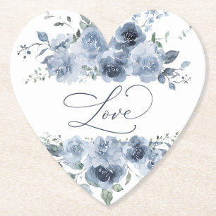 Dessous-de-verre En Papier Bleu Poussiéreux Floral Élégant Amour de Mariage