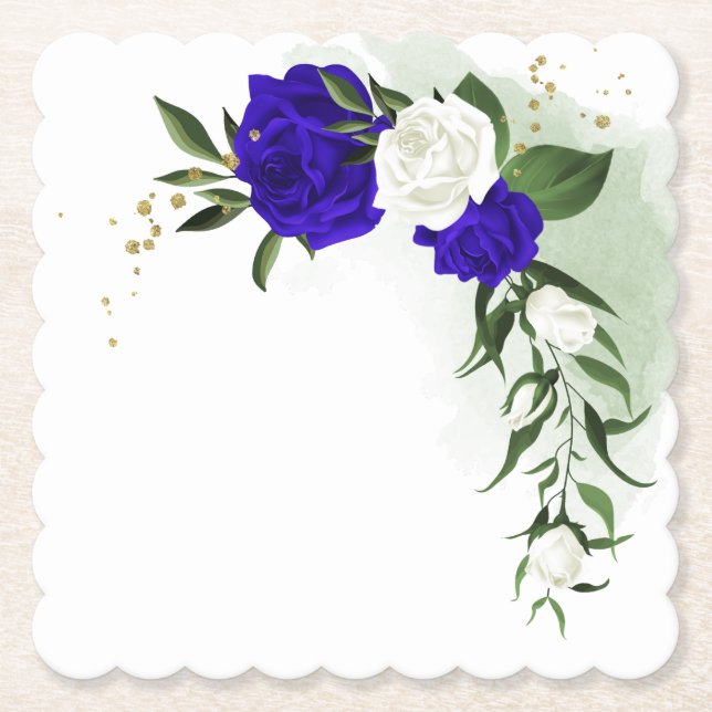 Dessous-de-verre En Papier bleu royal & fleurs blanches verdure  (Devant)