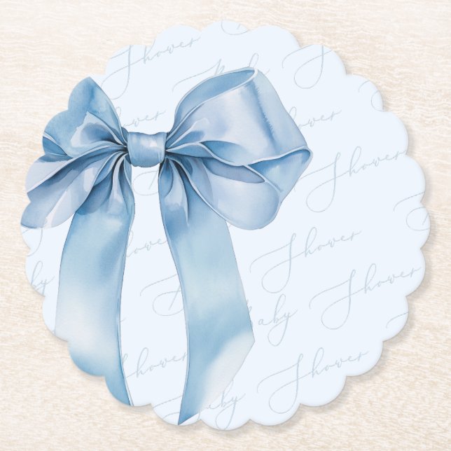 Dessous-de-verre En Papier Blue Bow Elegant calligraphie Baby shower garçon (Devant)