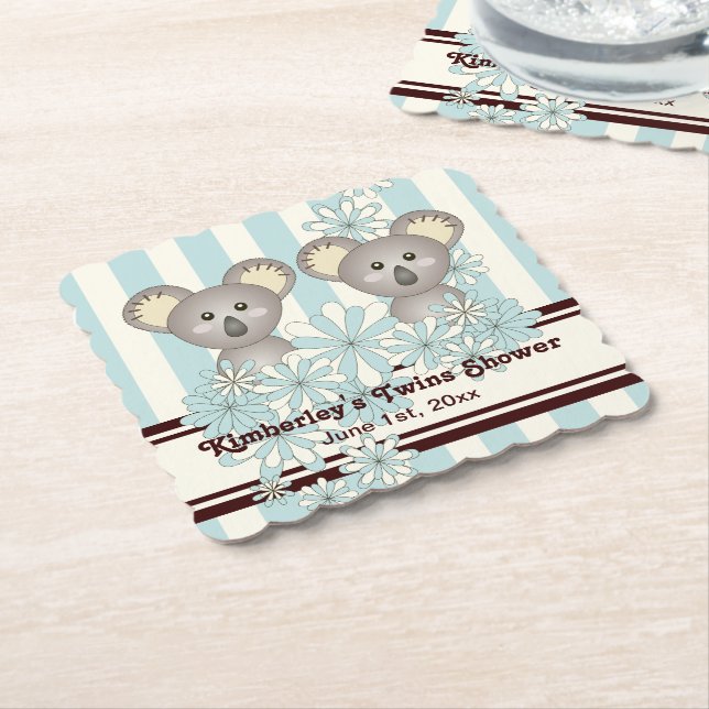 Dessous-de-verre En Papier Blue Koala Twin Boy Baby shower / Anniversaire de  (Incliné)