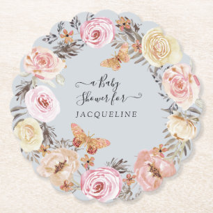 Dessous-de-verre En Papier Boho Floral Aquarelle Dusty Baby shower bleu rose