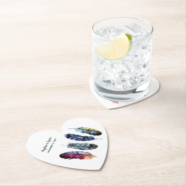 Dessous-de-verre En Papier Boho Style Aquarelle Plumes Mariage (En situation)