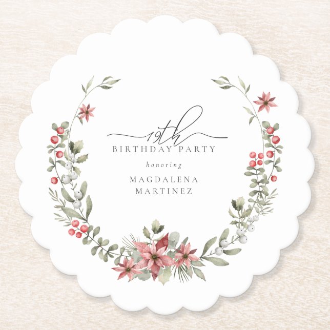 Dessous-de-verre En Papier Boho Winter Greenery Red Floral 19e anniversaire (Devant)