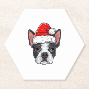 Dessous-de-verre En Papier Boston Terrier Chien de Noël Santa Hat Xmas Boys K