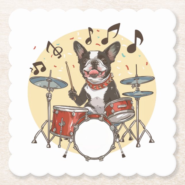 Dessous-de-verre En Papier Boston Terrier Dog Playing Drums (Devant)