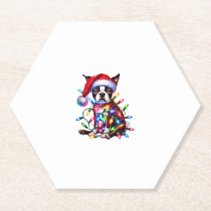 Dessous-de-verre En Papier Boston Terrier illuminations de Noël Santa Hat Chi