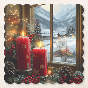 Dessous-de-verre En Papier Bougies de Noël rouges Baies rouges Cônes de pin 