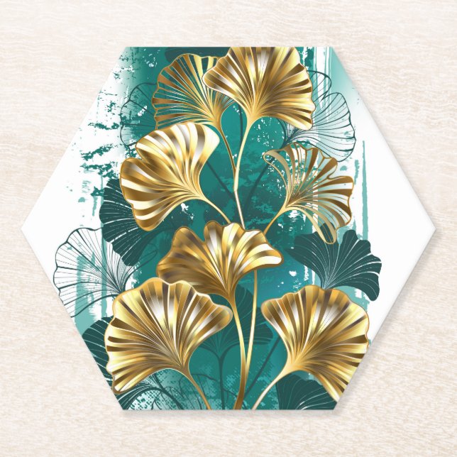 Dessous-de-verre En Papier Branche avec Feuilles d'or Ginko Biloba (Devant)