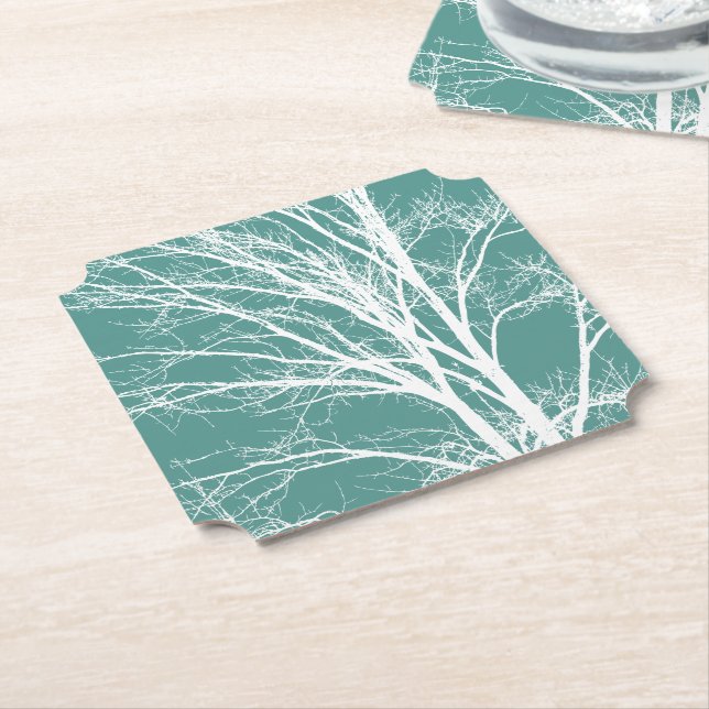 Dessous-de-verre En Papier Branches d'arbre Turquoise vert blanc nu (Incliné)