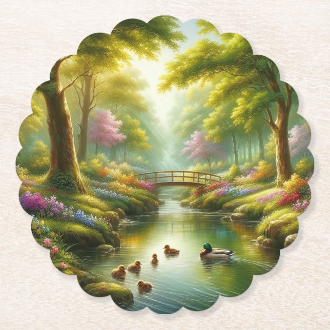 Dessous-de-verre En Papier Brook de printemps avec canards/fleurs (Devant)