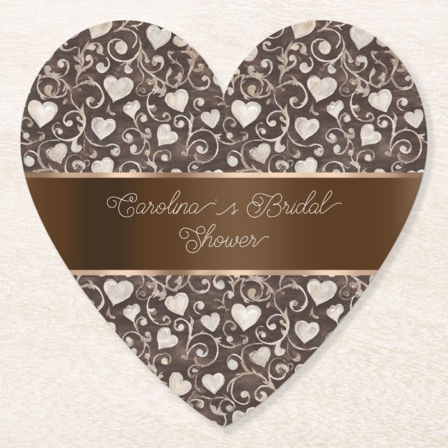 Dessous-de-verre En Papier Brown Cream Hearts Ribbon Bridal Shower (Devant)