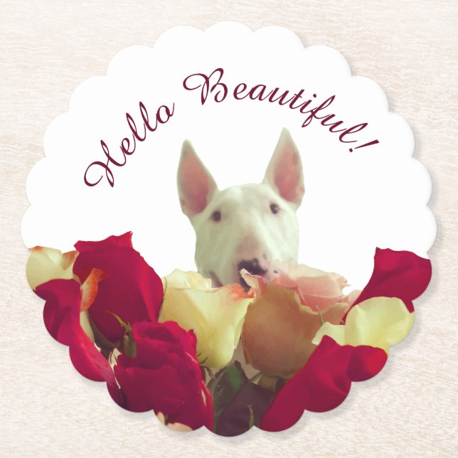 Dessous-de-verre En Papier Bull terrier avec salutation rose - Hello Beautifu (Devant)