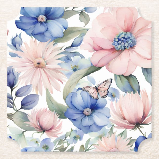 Dessous-de-verre En Papier Bunch de fleurs rose et bleu classique (Devant)