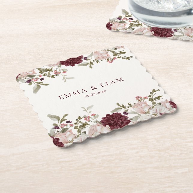 Dessous-de-verre En Papier Burgundy Floral Wedding Paper Coasters (Incliné)