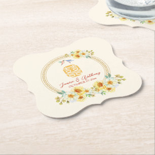 Dessous-de-verre En Papier Cadre de mariage chinois jaune floral oiseau éléga