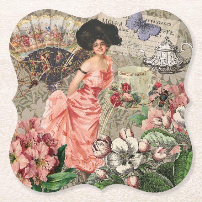 Dessous-de-verre En Papier Café Lady Victorian Femme Rose Classy (Devant)