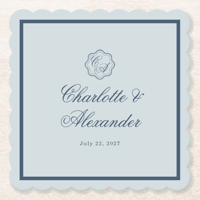 Dessous-de-verre En Papier Calligraphy Wedding Dusty Blue Paper Coaster (Devant)