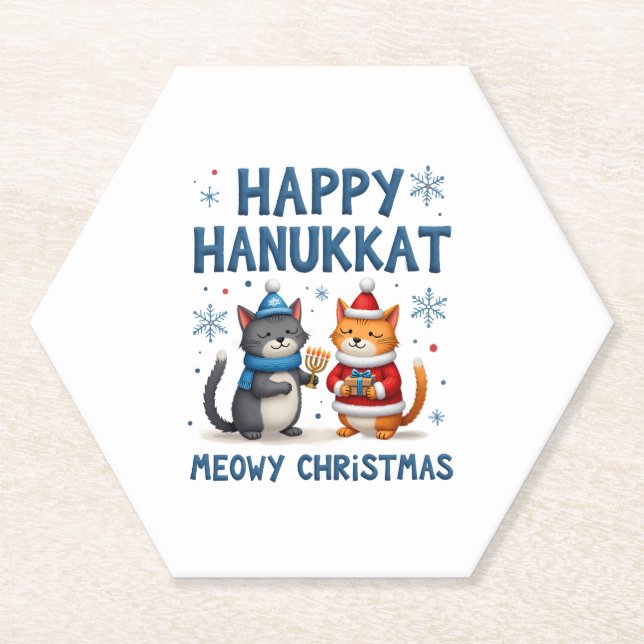 Dessous-de-verre En Papier Cat Merry Christmas Happy Hanukkah Jewish Christia (Devant)